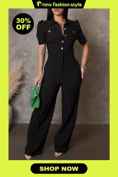 knowfashionstyle Formal Turndown Collar Long Sleeve Pocket Buckle Evening Party Office Lady Wide Leg Jumpsuits Elegant Solid Color Fall Jumpsuits And Rompers, Elegant Solid Color Jumpsuits And Rompers For Fall, Elegant Fall Jumpsuits And Rompers In Solid Color, Chic Short Sleeve Party Jumpsuits And Rompers, Chic Short Sleeve Jumpsuits And Rompers For Party, Solid Color Party Jumpsuits And Rompers With Pockets, Chic Formal Jumpsuits And Rompers With Pockets, Elegant Winter Workwear Jumpsuits And Rompers, Formal Fitted Jumpsuits And Rompers In Solid Color