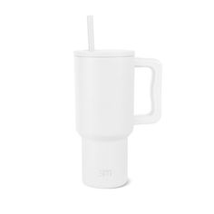 a white cup with a straw sticking out of it's side on a white background