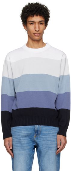 Organic cotton jersey sweater. · Stripes throughout · Rib knit crewneck, hem, and cuffs Supplier color: Light/Pastel blue Stripe Jumper, Jersey Sweater, Knitwear Men, Knit Crewneck, Pastel Blue, Stripe Sweater, Color Light, Black Stripes, Hugo Boss