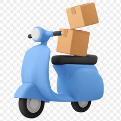 a blue scooter with cardboard boxes on it's back, transparent background