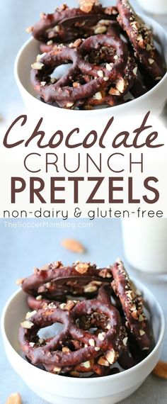 chocolate crunch pretzels with nuts and almonds in white bowls