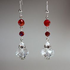 Vintage-look lovely long drop earrings in festive shades of red made with Swarovski crystals, glass crystals and rhinestones. Perfect for any occasion, weddings and parties or as a gift.  Please contact me if you'd like different size or colour, this jewellery can be customized!   Materials used:  Swarovski crystals, clear (4 mm), glass rondelle crystals, clear (12 mm), glass round crystals, red (4 mm, 6 mm), rhinestone spacers, silver and antique silver colour plated base metal elements.  Measu Pearl Wedding Jewelry Sets, Silver Earrings Wedding, Crystals Earrings, Wedding Party Bridesmaid, Rhinestone Jewelry Set, Dangle Earrings Wedding, Pearl Jewelry Wedding, Bridesmaid Gifts Jewelry, Bridesmaid Accessories