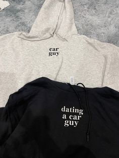 ✰COMES WITH TWO, if you want to order them as separate hoodies they're also sold separately! ITEM 1: refers to "Car Guy" ITEM 2: refers to "Dating a Car Guy" Photo features: Ash Grey X Black Thread // Black X White Thread Perfect for any car couple to wear at car meets! ✰Embroidered Matching Sweatshirt/Hoodies✰UNISEX✰Super soft and comfy! *Sizes 2XL-3XL may be subject to longer processing times since we don't carry a large amount of inventory in those sizes, so we would have to put in a special Car Boy Gifts, Car Themed Gifts For Boyfriend, Matching Couple Sweatshirts Hoodie, Truck Boyfriend Gifts, Diy Couple Hoodies, Car Bf Gifts, Hoodie Gift For Boyfriend, Bf Bday Ideas, Boyfriends Christmas Gifts