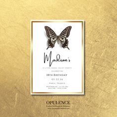 a birthday party card with a butterfly on it's back and the words madison's written in gold