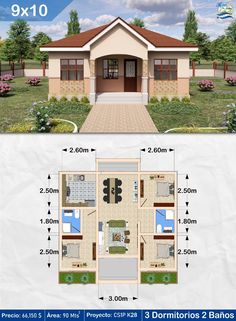 two story house plan with 3 bedroom and 2 bathrooms in the front, one living room on