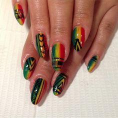 Raggae Nails, Reggae Nails Designs, Reggae Nails, Juneteenth Nail Design, Juneteenth Nails, Jamaica Nails, Rasta Nails, Nail Bling, Fab Nails