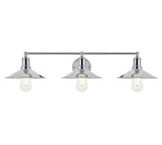 three light bathroom fixture in chrome finish with clear glass shades on the sides and an angled arm