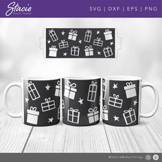 three black and white coffee mugs with presents on them