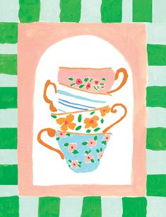 a painting with flowers in a teacup on a green and white striped wallpaper