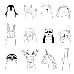 various animals drawn in black and white on a white background, including an animal face