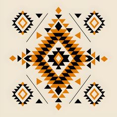 an orange, black and white native american pattern with diamond shapes on the back ground