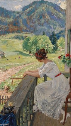 a painting of a woman sitting on a porch looking out the window at a valley