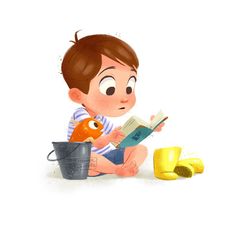 a little boy sitting on the ground reading a book next to a bucket and yellow boots