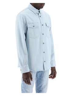 Looking for that perfect men's denim shirt that feels both stylish and effortlessly cool? This light blue classic nails it with a relaxed fit and sleek Medusa button details, all wrapped up in soft, stone-washed cotton denim. It's like the perfect blend of casual comfort and high-end flair you'd chat about over coffee. Made from pure cotton denim Distinctive silver metal Medusa enamel buttons Features button-down collar, American placket, and chest flap pockets Single-button rounded cuffs and a Blue Denim Shirt, Denim Shirt Men, Versace Shirt, Light Blue Denim, Versace Men, Button Down Collar, Shirt Sale, Denim Shirt, Denim Wash