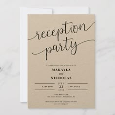 a wedding reception card with the word reception party written on it in cursive ink