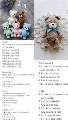 crocheted teddy bears are shown in three different colors and sizes, along with instructions for how to make them