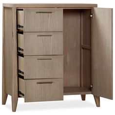 a wooden cabinet with three drawers and one door open