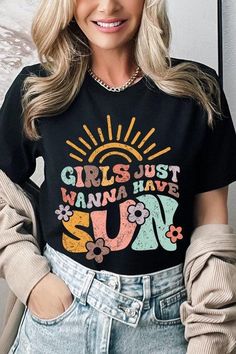 GIRLS JUST WANNA HAVE SUN,SUMMER UNISEX SHORT SLEEVE,GRAPHIC TEE,GRAPHIC TSHIRTS,TSHIRTS,TEES100%COTTON,HEATHER(52%COTTON,48%POLY),ATH.HEATHER,BLACK HEATHER(90%COTTON,572%POLY)NICARAGUAMade In: NicaraguaSize Measurement (inch): S: (Bust), (Waist), (Hips), (Length) M: (Bust), (Waist), (Hips), (Length) L: (Bust), (Waist), (Hips), (Length) Retro Printed Summer T-shirt, Retro Summer T-shirt With Front Print, Retro Summer T-shirt With Slogan, Cute Black T-shirt For Summer, Retro Summer Tops With Letter Print, Vintage Shirt With Funny Print For Summer, Vintage Printed T-shirt For Summer, Retro Slogan Tops For Summer, Vintage Summer T-shirt With Funny Print