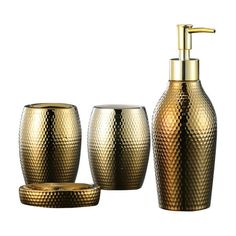 gold bathroom accessories set with soap dispenser and toothbrush holder