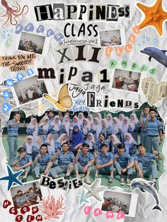 a collage of photos with words and pictures on them that say happiness class xi, mipa 1 friends