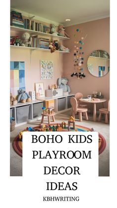 Stylish playroom with pink walls, shelves of toys, and modern décor.