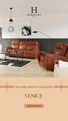 a living room with brown leather furniture and a clock on the wall above it that reads, the zero gravity collection venice shop now