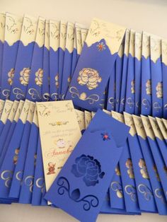 a pile of blue and white cards with winnie the pooh on them