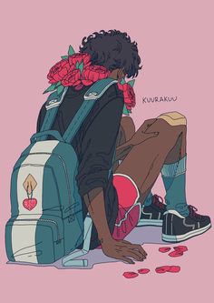 a drawing of a person sitting on the ground with a backpack and flowers in their hair