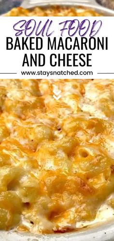 baked macaroni and cheese in a pan with text overlay