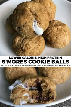 a white plate topped with cookies and marshmallows covered in frosting next to the words lower calorie high protein s'more cookie balls