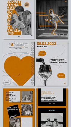 an orange and white brochure is shown with black and white images on it