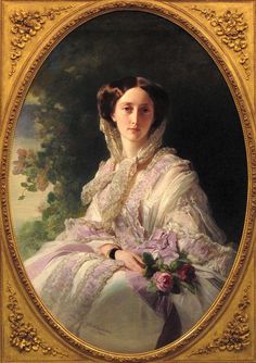 a painting of a woman in a white dress with flowers on her lap, holding a bouquet