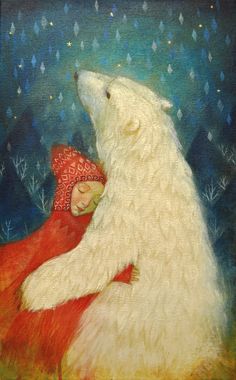 a painting of two polar bears hugging each other