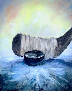 an oil painting of a hockey puck in the middle of water with a sky background