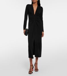 Eliana jersey midi dress in black - Velvet | Mytheresa Ruched Midi Dress For Date Night, Party V-neck Midi Dress In Viscose, V-neck Viscose Midi Dress For Party, V-neck Elastane Dress With Flattering Silhouette, Cocktail Ruched Midi Dress, Evening Viscose V-neck Midi Dress, V-neck Viscose Party Dress, Evening V-neck Midi Dress In Viscose, Black Ruched Maxi Dress In Elastane