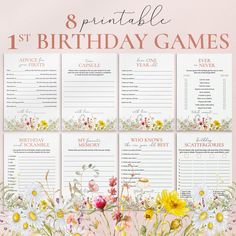 a birthday game with flowers on it and the words, 8 printable 1st birthday games