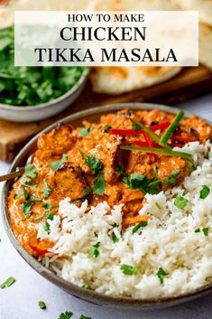 chicken tikka masala in a bowl with rice and cilantro on the side