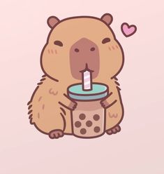 a cartoon bear holding a drink with a straw in it's mouth and drinking from a cup