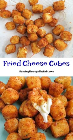 fried cheese cubes on a plate with ranch dressing in the background and text overlay that reads fried cheese cubes