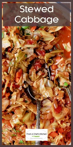 a plate full of cooked cabbage with spoons in it and the title overlay reads,