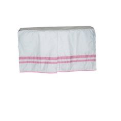 a white table cloth with pink stripes on the bottom and side, in front of a white background