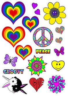 a bunch of different types of peace and flowers on a white background with hearts, sunflower