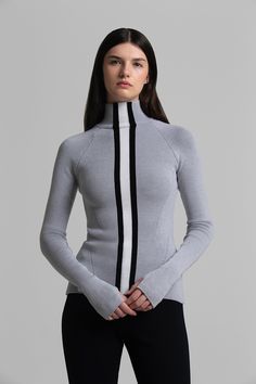 #color_gray melange Chic Striped Fitted Sweater, Fitted Ribbed Merino Wool Top, Stretch Striped Ribbed Sweater, Elegant Fitted Sweater With Ribbed Cuffs, Fitted Funnel Neck Sweater With Ribbed Cuffs, Fitted Sweater With Funnel Neck And Ribbed Cuffs, Fitted Sweater With Ribbed Cuffs And Funnel Neck, Modern Fitted Sweater, Fitted Ribbed Winter Top