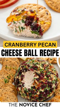 cranberry pecan cheese ball recipe on a plate with crackers