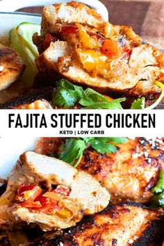 grilled chicken and vegetables on a plate with the words fajita stuffed chicken next to it