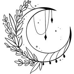 a black and white drawing of a crescent with an arrow on the side, surrounded by leaves