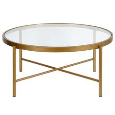 an oval glass coffee table with gold metal frame and clear glass top, viewed from the front