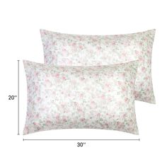 two pillows with pink flowers on them and measurements for each pillow size, from the front to the back