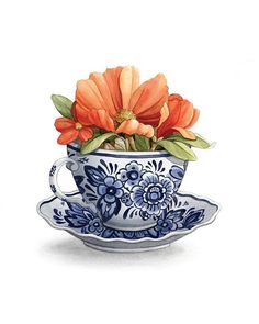 a painting of an orange flower in a blue and white tea cup with saucer