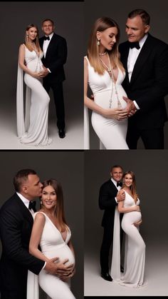 the pregnant couple is posing for pictures in their black and white gowns, tuxedos, and suits